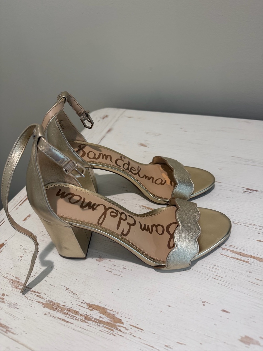 Sam Edelman Metallic Gold Scalloped Ankle-Strap Block Heels